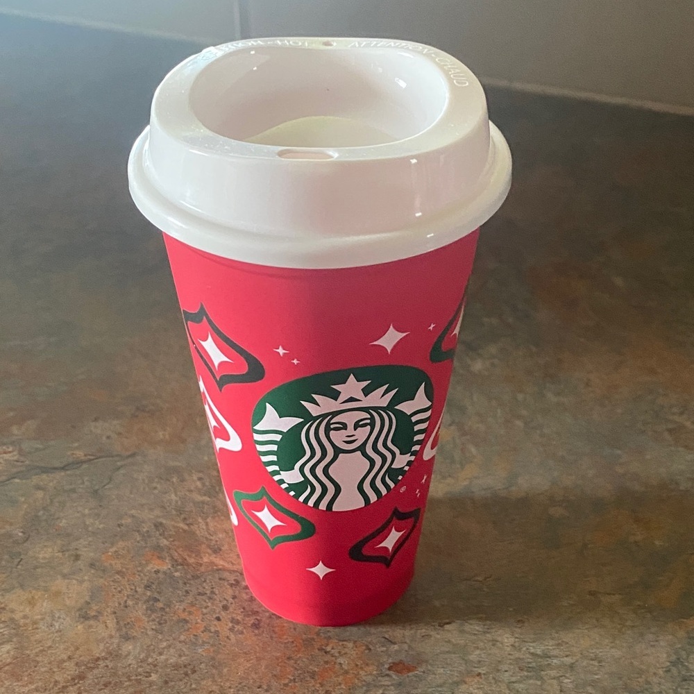 Starbucks Festive Red Plastic ReusableCup with White Lid NWOT